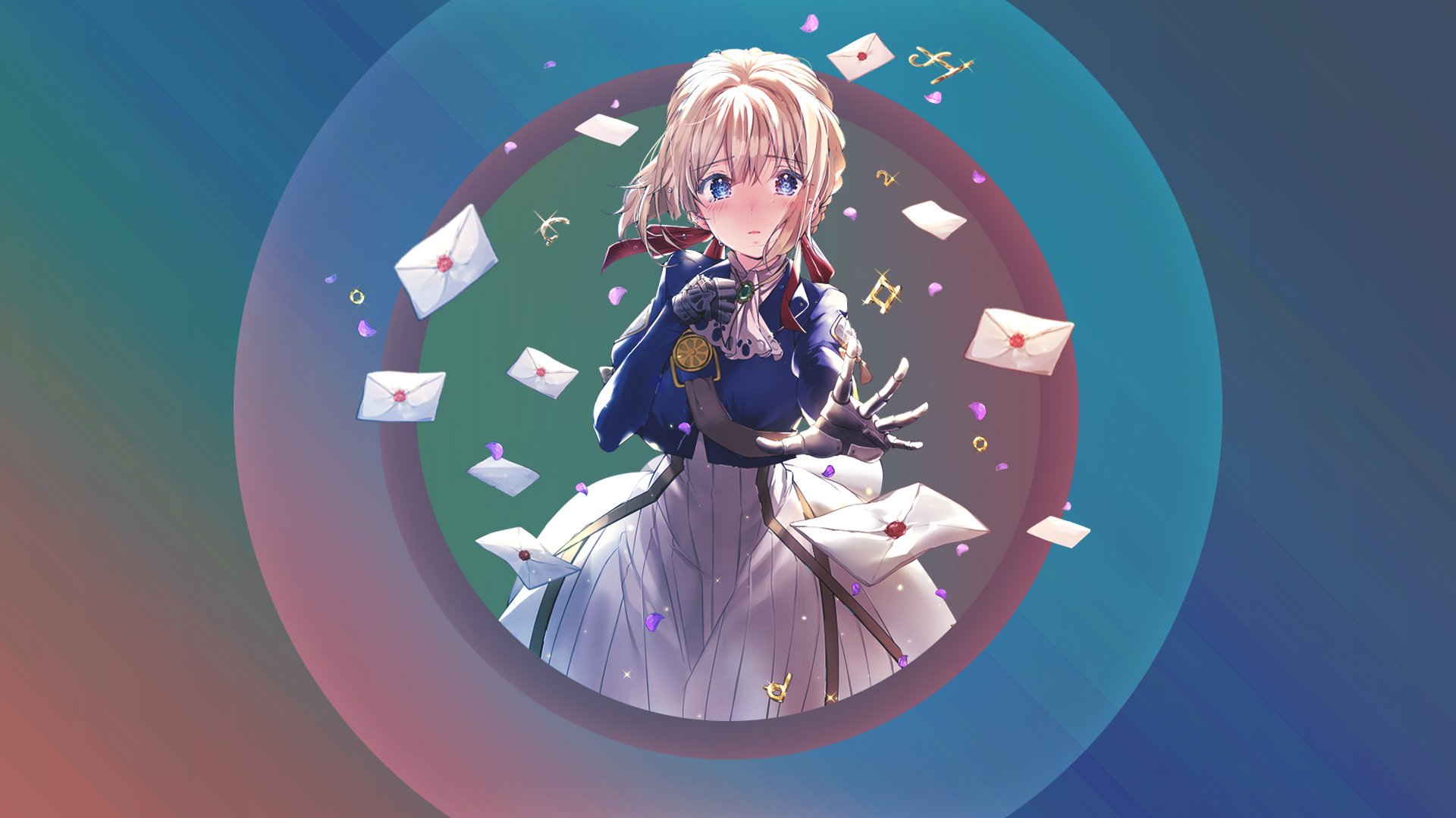 HD PC desktop wallpaper featuring Violet Evergarden from the anime, surrounded by floating letters against a colorful, circular gradient background.
