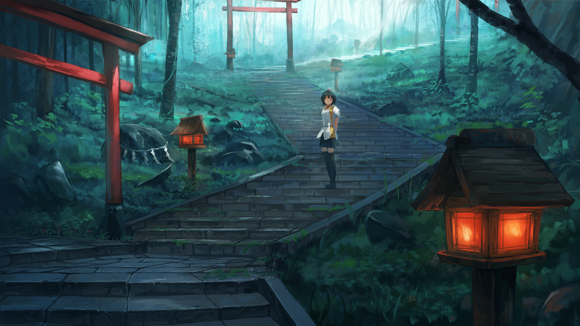 HD PC desktop wallpaper background: anime Aya Shameimaru (Touhou) on mossy shrine steps in a misty forest, red lanterns and torii gates glowing.
