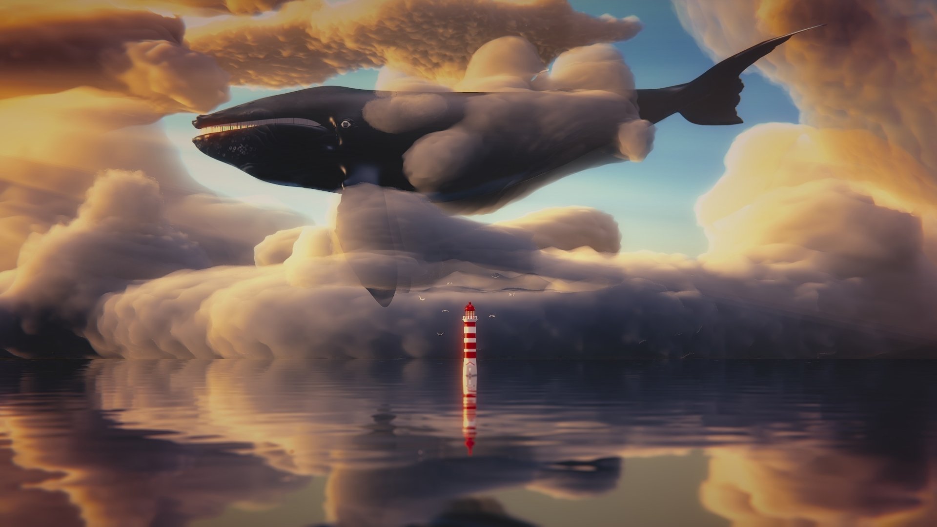 2K Quad HD PC desktop wallpaper: a fantasy whale-shaped cloud gliding above a calm ocean, a red-and-white lighthouse rising from glassy reflections beneath dramatic clouds.
