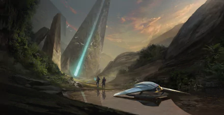 Futuristic vehicle and two explorers stand in a dramatic Sci-Fi landscape with towering monoliths and a glowing beam, captured in a stunning HD PC desktop wallpaper.