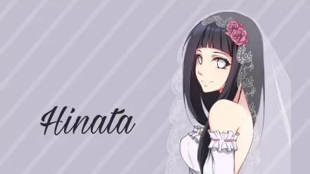 HD anime desktop wallpaper featuring Hinata Hyuga from Naruto in a wedding dress with a floral headpiece, set against a soft striped background.