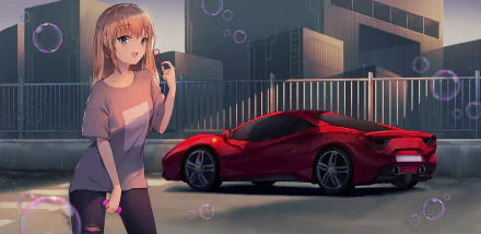 HD anime original desktop wallpaper featuring a girl with a bubble blower standing next to a sleek red sports car in an urban nighttime setting.