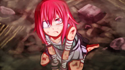 HD PC desktop wallpaper: Erza Scarlet (Fairy Tail) anime scene, wounded and kneeling amid rubble, red hair and eyepatch, dramatic background.