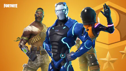 HD desktop wallpaper and background featuring three Fortnite characters against an orange backdrop.