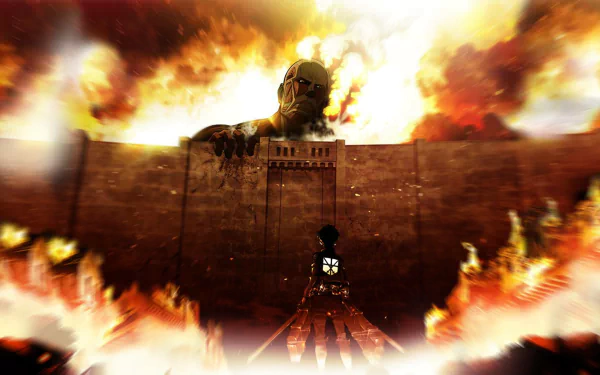 HD PC desktop wallpaper featuring Eren Yeager facing the towering Colossal Titan amidst fiery destruction from the anime Attack on Titan.