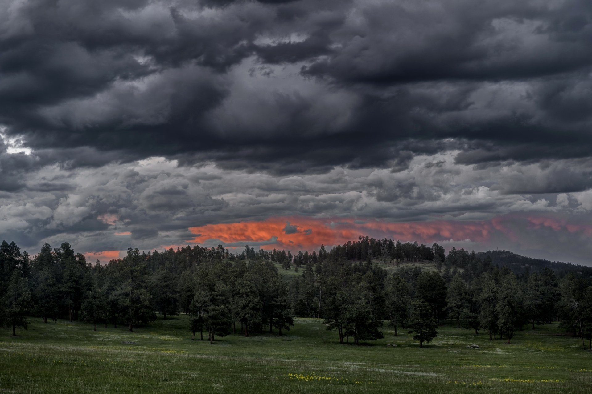 HD desktop wallpaper featuring a dramatic landscape with dark, stormy clouds over a lush green field and forest, with the sky tinged with a hint of orange in the distance.