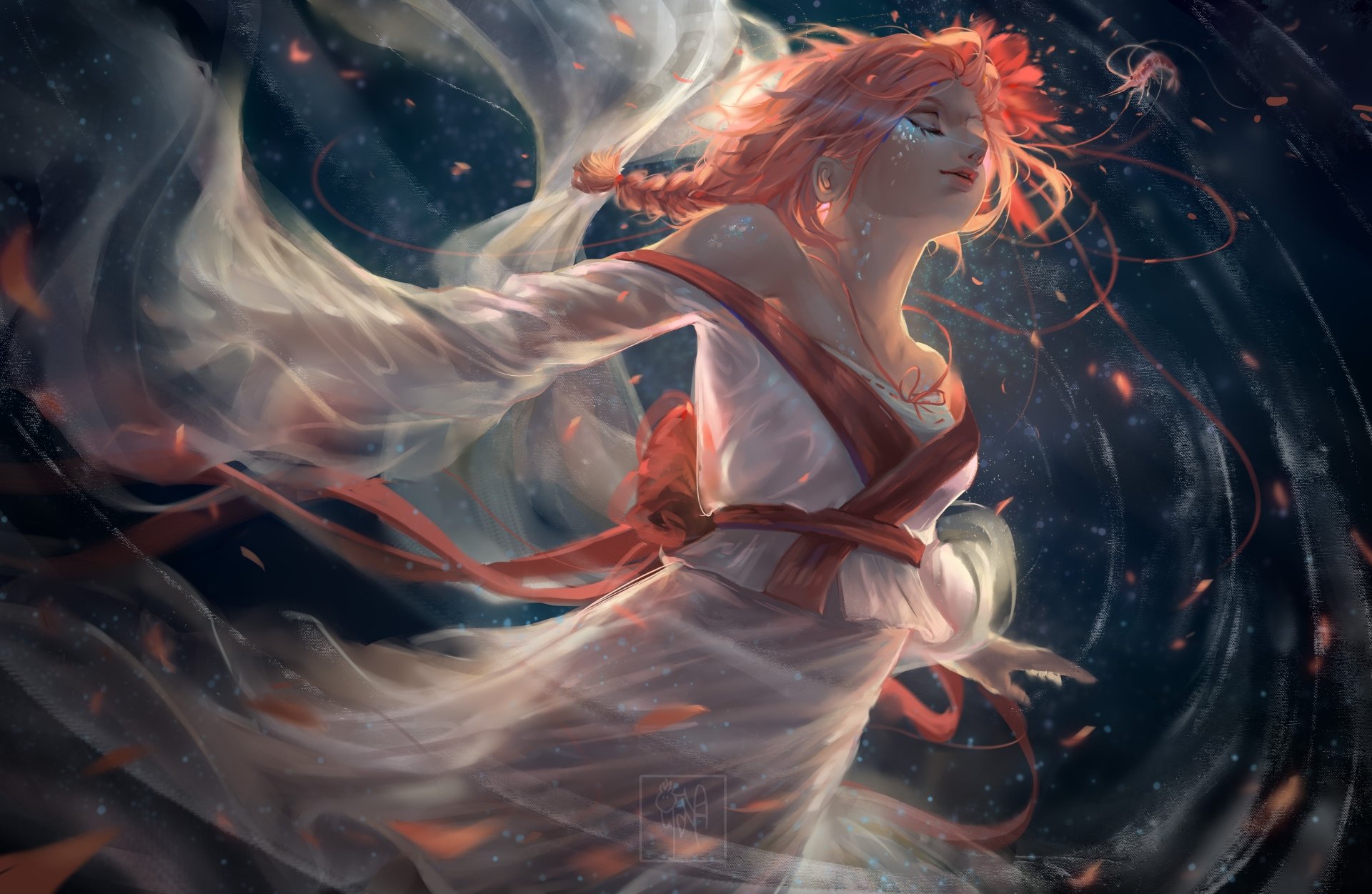 A fantasy-themed 4K Ultra HD wallpaper featuring a red-haired woman with a braided hairstyle, surrounded by flowing fabric and a mystical, moody atmosphere.