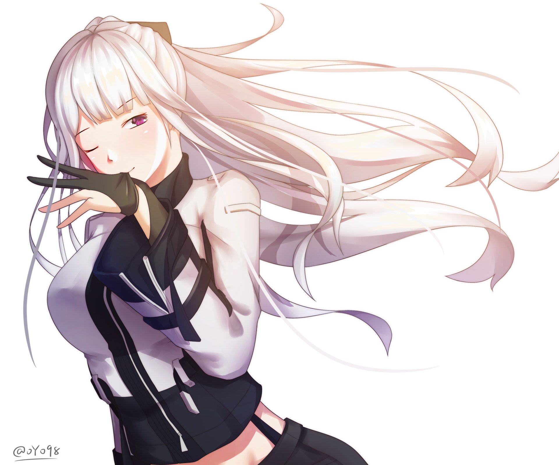 AK-12 (Girls Frontline) anime character with long white hair, winking, hand to face; 2K Quad HD PC desktop wallpaper/background from the video game.
