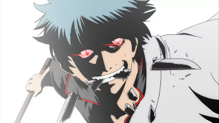HD anime desktop wallpaper featuring Gintoki Sakata from Gintama with a menacing expression, glowing red eyes, and a knife in hand.