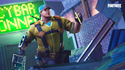 4K Ultra HD Fortnite Battle Royale PC wallpaper featuring a character in rugged gear holding tools inside an urban environment, with neon signage and the Fortnite logo.