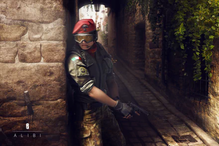 8K Ultra HD desktop wallpaper of a tactical operator from Tom Clancy's Rainbow Six: Siege, positioned in a narrow, dimly lit alley with detailed textures and lighting.