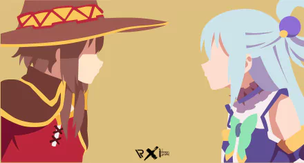 Aqua and Megumin (KonoSuba) in anime side profiles facing each other on a simple background — 8K Ultra HD PC desktop wallpaper from KonoSuba - God’s blessing on this wonderful world!!