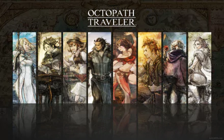 HD wallpaper featuring the characters from Octopath Traveler: Ophilia, Cyrus, Tressa, Olberic, Primrose, Alfyn, Therion, and H'aanit, against a themed backdrop.