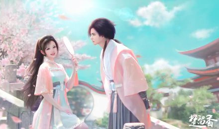 Anime-style HD PC desktop wallpaper featuring two original characters dressed in traditional attire against a serene background of cherry blossoms and classic architecture.