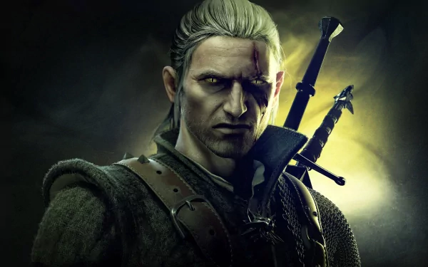 HD PC desktop wallpaper featuring Geralt of Rivia from The Witcher 2: Assassins of Kings video game, showcasing his intense expression and iconic swords.