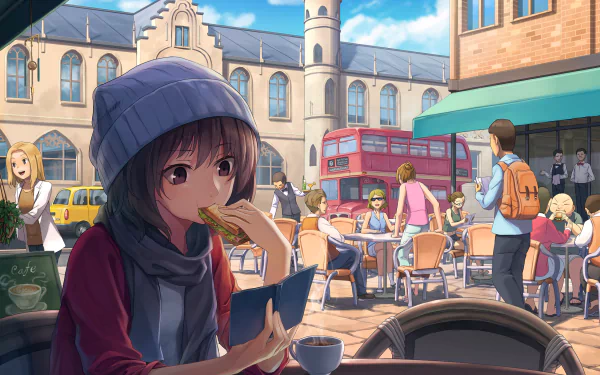 Anime character with brown hair and eyes, wearing a scarf and hat, enjoys a sandwich and coffee at an outdoor café in a bustling town, with a red bus in the background on a sunny day.