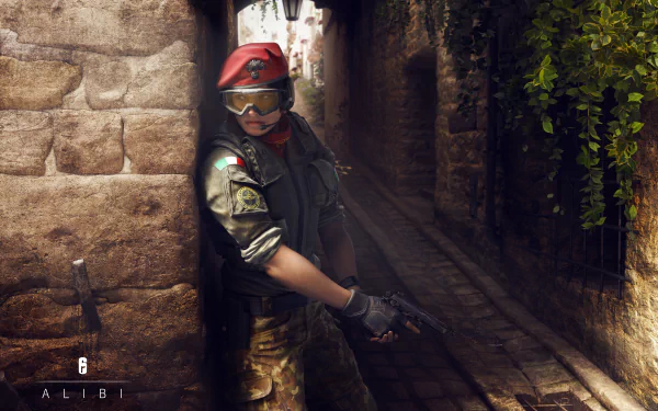 8K Ultra HD desktop wallpaper of a tactical operator from Tom Clancy's Rainbow Six: Siege, positioned in a narrow, dimly lit alley with detailed textures and lighting.