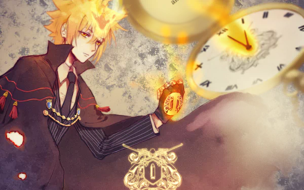 HD PC desktop wallpaper featuring Giotto from Katekyō Hitman Reborn! anime, showcasing fiery effects and floating clocks in a dynamic, detailed background.