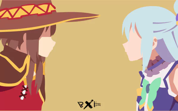 Aqua and Megumin (KonoSuba) in anime side profiles facing each other on a simple background — 8K Ultra HD PC desktop wallpaper from KonoSuba - God’s blessing on this wonderful world!!