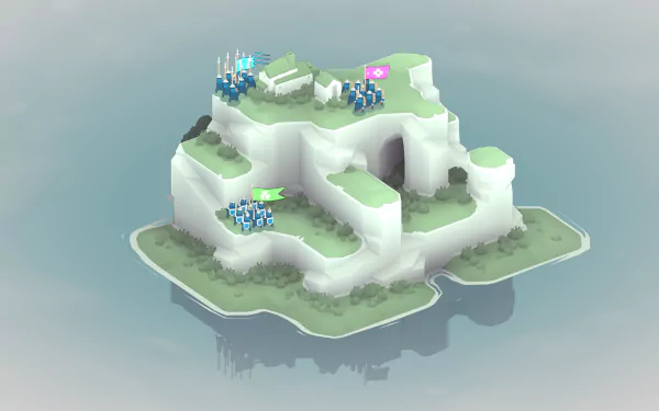 HD desktop wallpaper from Bad North featuring a serene isometric island with defensive units and structures.