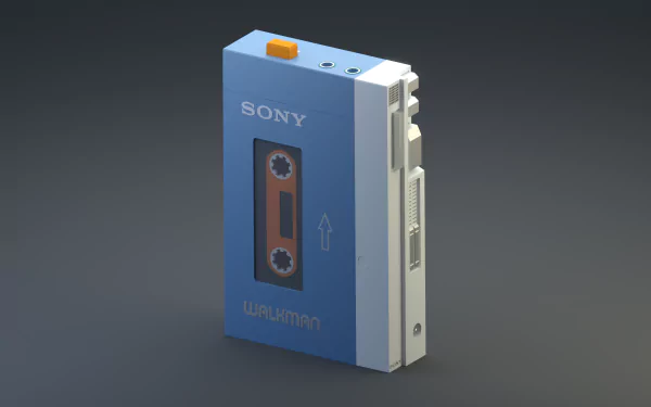 2K Quad HD PC desktop wallpaper: retro blue Sony Walkman cassette player standing upright on a dark gradient background, evoking classic music nostalgia.
