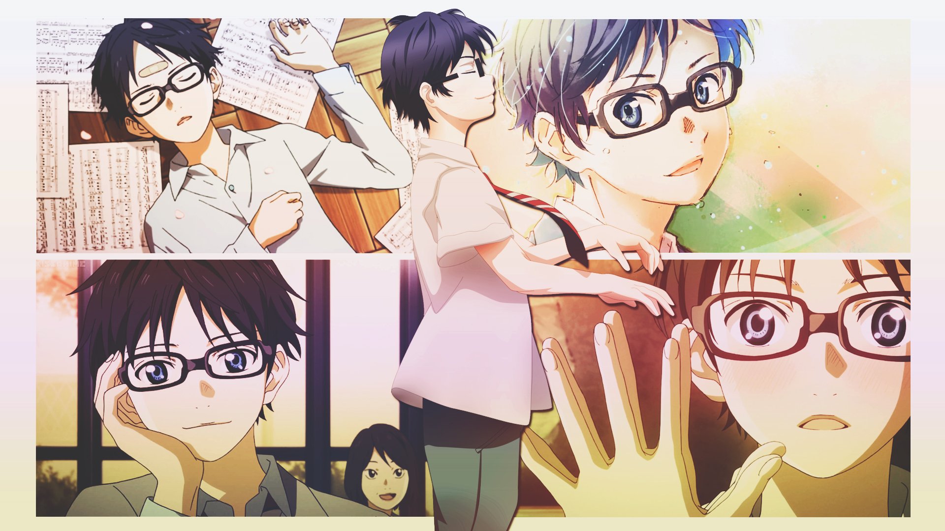 HD PC desktop wallpaper featuring multiple scenes of Kousei Arima from the anime Your Lie in April, showcasing his thoughtful and emotional moments.