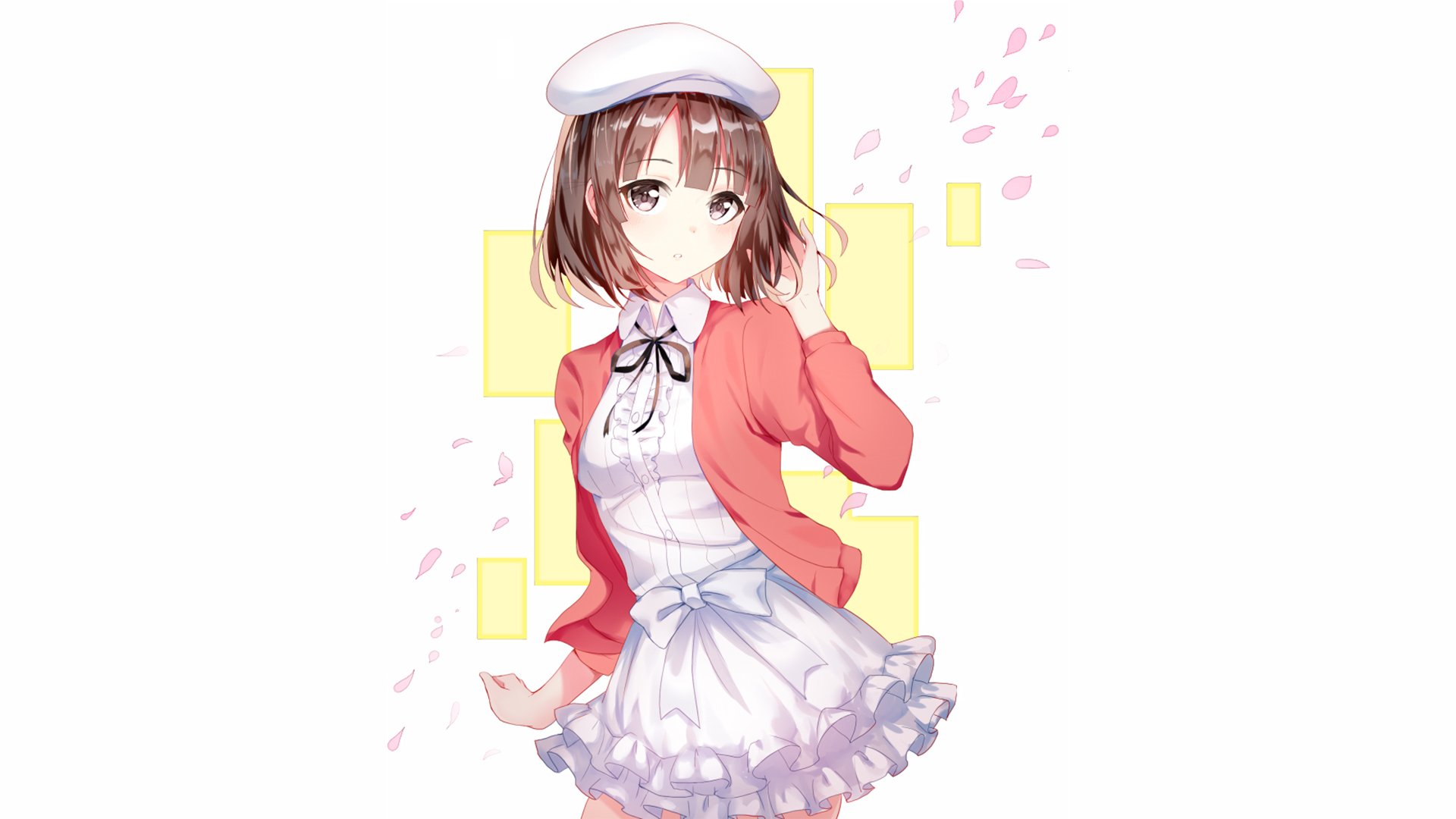 HD anime desktop wallpaper featuring Megumi Katō from Saekano: How to Raise a Boring Girlfriend, dressed in a white dress with a red jacket and beret.