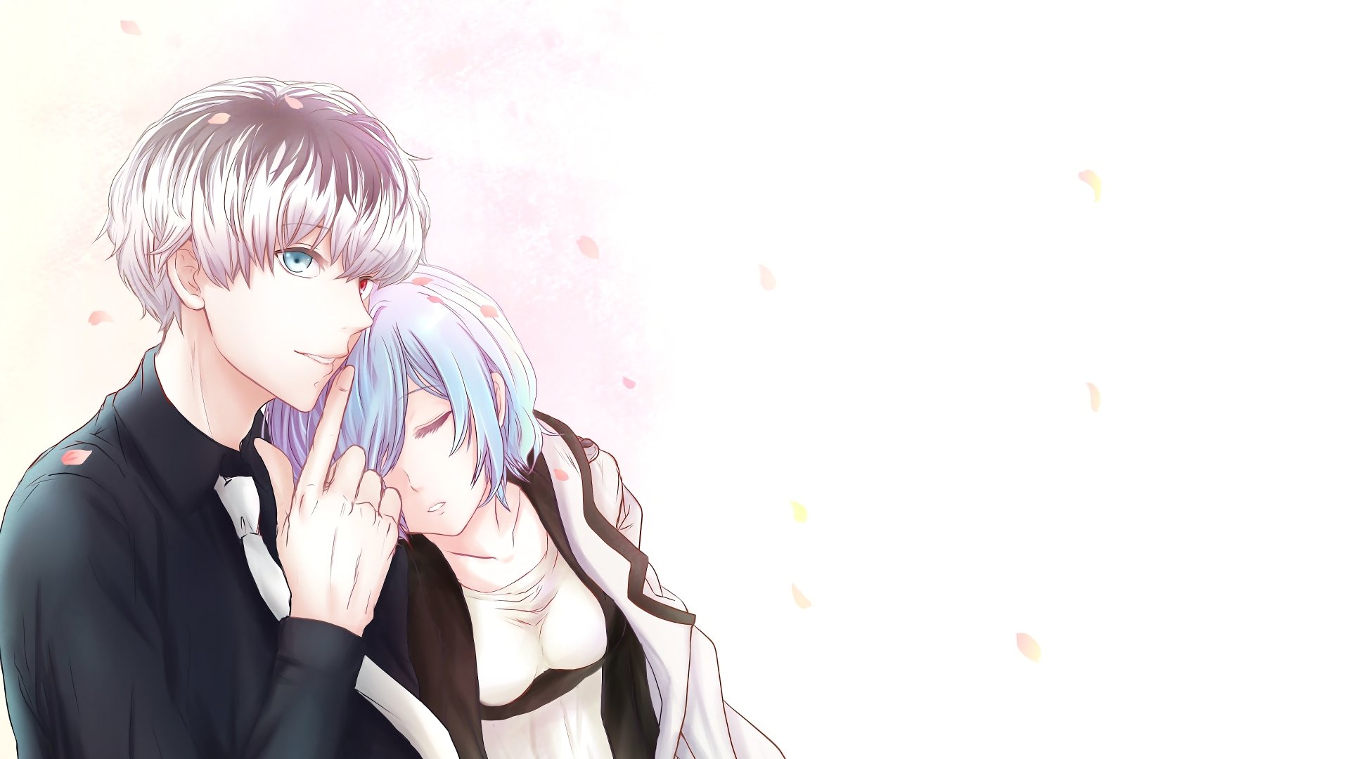 HD wallpaper featuring Haise Sasaki and Touka Kirishima from Tokyo Ghoul:re. Haise, with white hair, and Touka, with lavender hair, share a tender moment against a soft pink background.