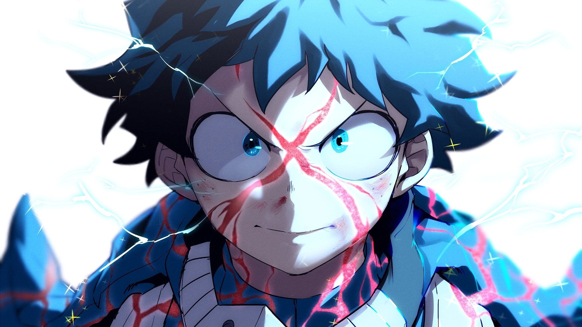 HD desktop wallpaper featuring Izuku Midoriya from My Hero Academia, showcasing an intense close-up with vibrant lightning effects.