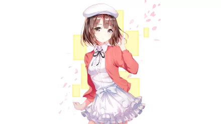 HD anime desktop wallpaper featuring Megumi Katō from Saekano: How to Raise a Boring Girlfriend, dressed in a white dress with a red jacket and beret.