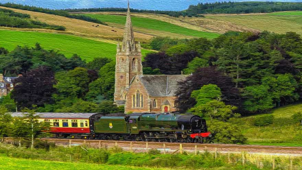 A steam train passes through lush green countryside near a stone church with a tall steeple, captured in vibrant 4K Ultra HD for a stunning PC desktop wallpaper.