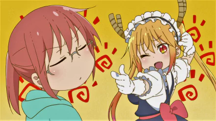 HD anime desktop wallpaper featuring Kobayashi and Tohru from Miss Kobayashi's Dragon Maid, with vibrant colors and expressive character poses against a yellow background.