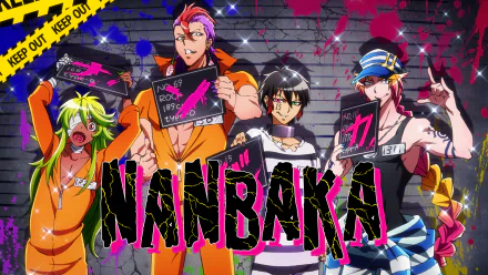 HD desktop wallpaper featuring Rock, Uno, Jyugo, and Nico from the anime Nanbaka, standing against a graffiti-covered brick wall with vibrant colors and bold text.