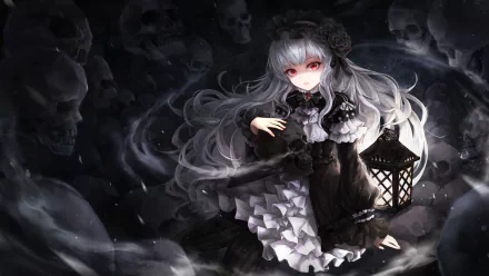 A gothic anime character with red eyes, grey hair, and a headband holds a lantern amid swirling skulls. She wears a dark dress with a bow, exuding a dark and mysterious aura. HD desktop wallpaper.