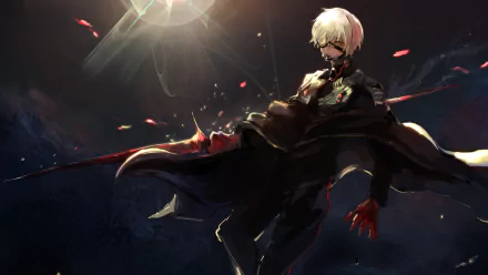 HD desktop wallpaper of Haise Sasaki (Ken Kaneki) from Tokyo Ghoul:re, featuring his white hair and a dramatic dark background with light rays and reds highlights, creating an intense anime scene.