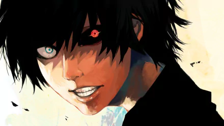 HD desktop wallpaper featuring Haise Sasaki/Ken Kaneki from Tokyo Ghoul:re, showcasing his angry expression, black hair, one blue eye, and one red eye.