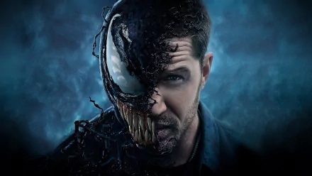 HD desktop wallpaper featuring Tom Hardy from the movie Venom. The image showcases Hardy's face merging with the Venom symbiote, creating a striking visual contrast. Dark and intense background.
