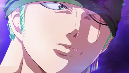 HD desktop wallpaper of Roronoa Zoro from Anime One Piece, featuring a close-up of Zoro's face with a scar, set against a vibrant background.