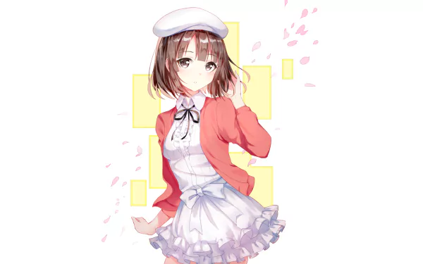 HD anime desktop wallpaper featuring Megumi Katō from Saekano: How to Raise a Boring Girlfriend, dressed in a white dress with a red jacket and beret.