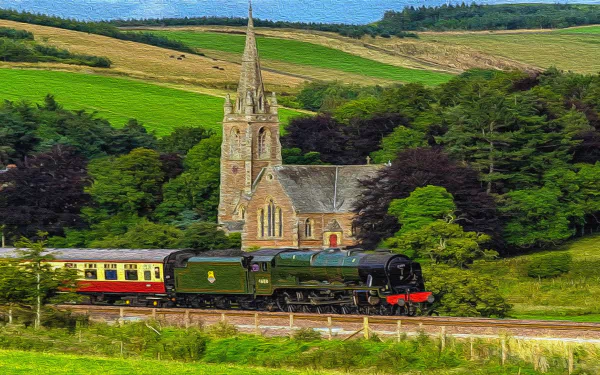 A steam train passes through lush green countryside near a stone church with a tall steeple, captured in vibrant 4K Ultra HD for a stunning PC desktop wallpaper.