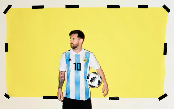 A high-definition desktop wallpaper and background featuring an Argentinian soccer player, wearing the national team's jersey and holding a soccer ball, set against a yellow backdrop.