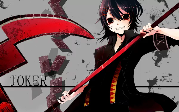 4K Ultra HD PC desktop wallpaper featuring Juuzou Suzuya from Tokyo Ghoul:re holding a large red scythe with a dark, stylized background.