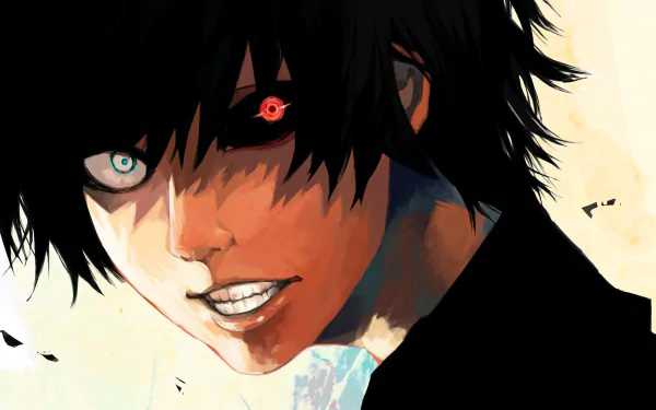 HD desktop wallpaper featuring Haise Sasaki/Ken Kaneki from Tokyo Ghoul:re, showcasing his angry expression, black hair, one blue eye, and one red eye.