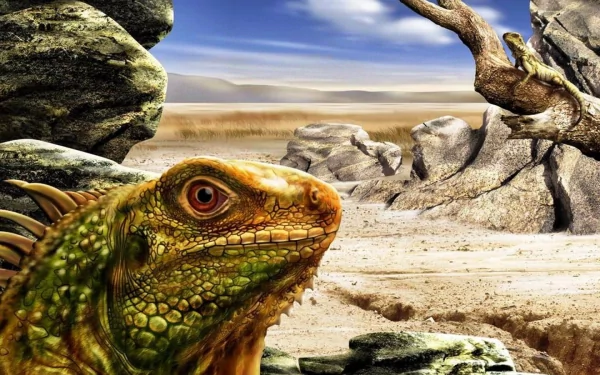 HD PC desktop wallpaper featuring a detailed close-up of a green iguana in a rocky desert landscape under a cloudy sky.