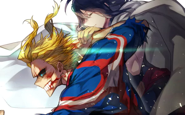 A striking HD wallpaper featuring All Might with glowing blue eyes and blood on his teeth, fighting Nana Shimura from My Hero Academia. Nana has black hair, and their intense battle is captured in vibrant detail.