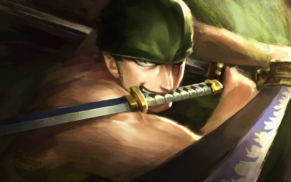 HD desktop wallpaper featuring Roronoa Zoro from One Piece, with green hair, headband, and wielding a sword.