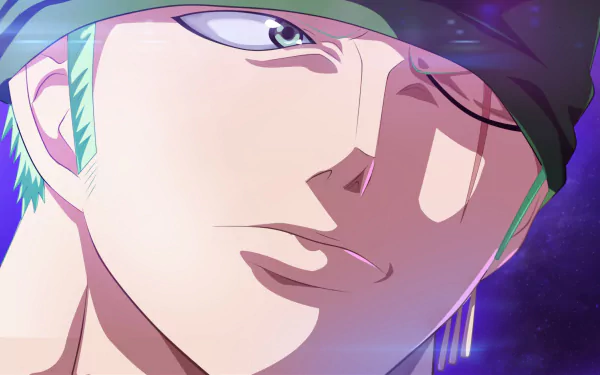 HD desktop wallpaper of Roronoa Zoro from Anime One Piece, featuring a close-up of Zoro's face with a scar, set against a vibrant background.