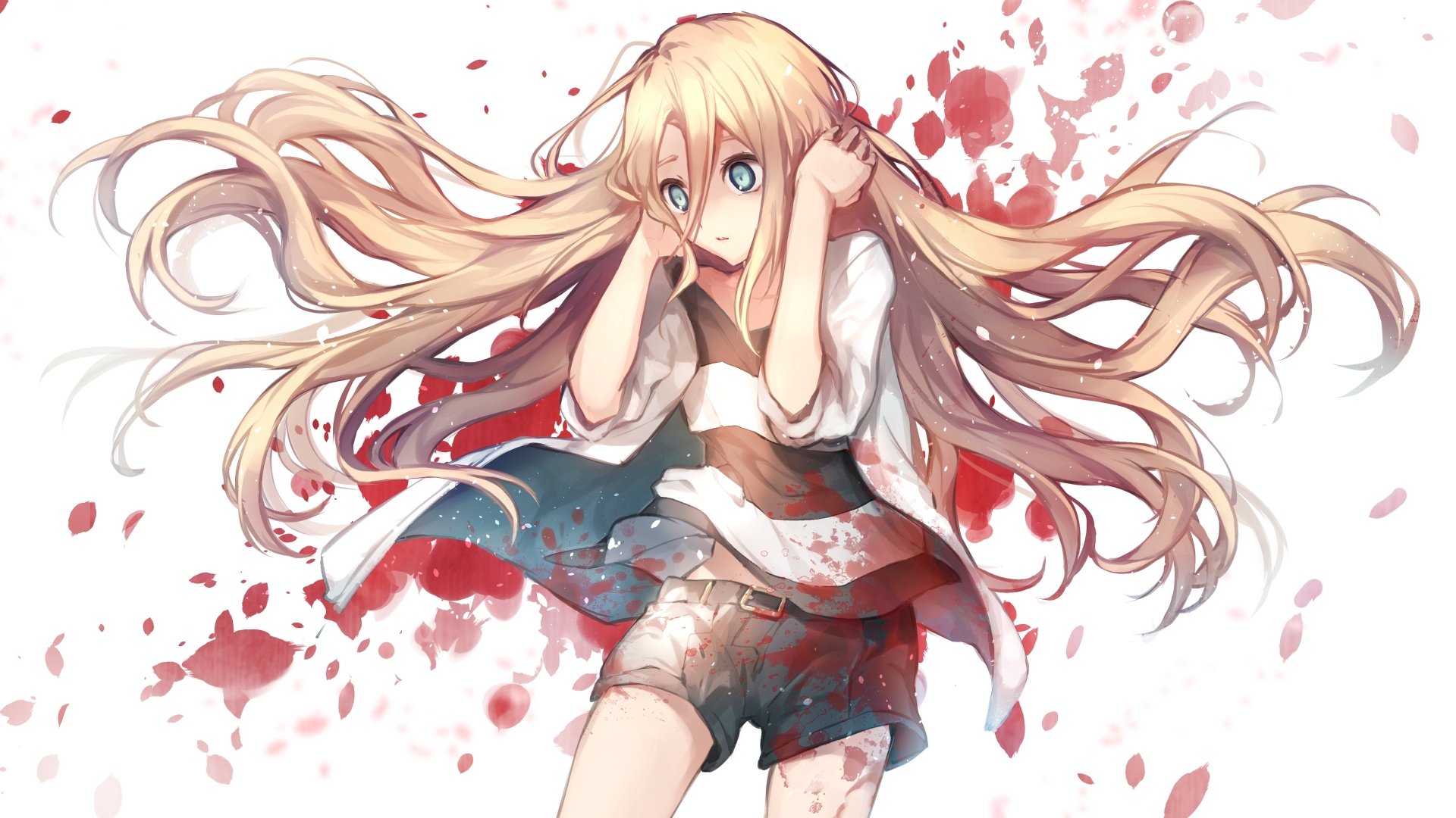 Anime-style 4K Ultra HD wallpaper featuring Rachel Gardner from Angels of Death with long flowing hair and a blood-splattered background.