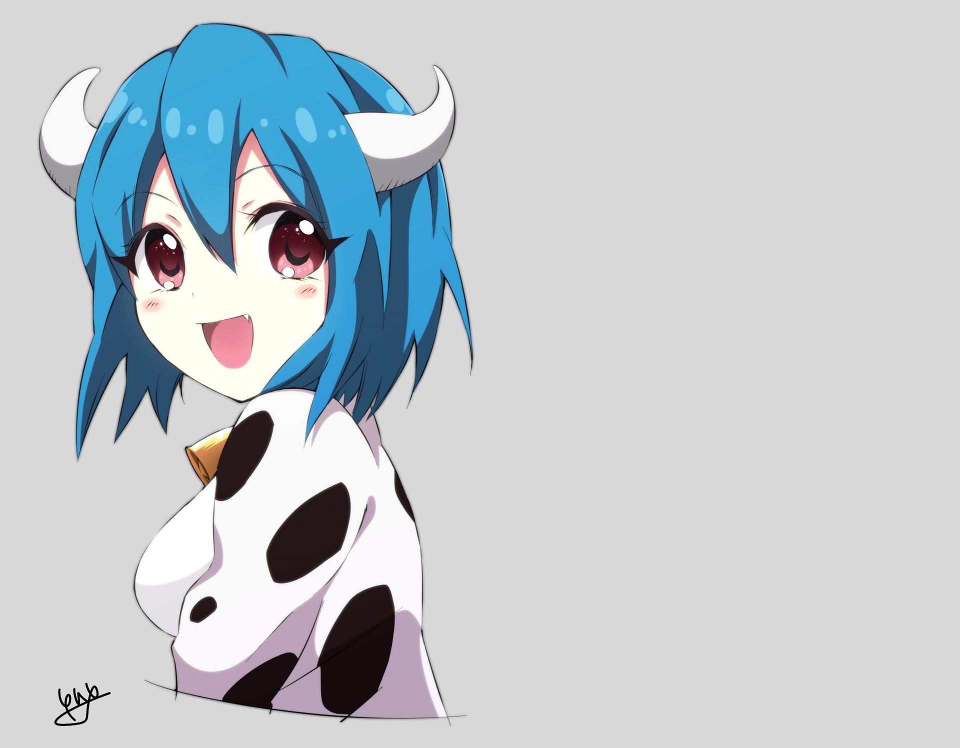 Minos (Jashin-chan Dropkick), blue‑haired horned anime girl in a cow‑print outfit on a gray background — 4K Ultra HD PC desktop wallpaper and background