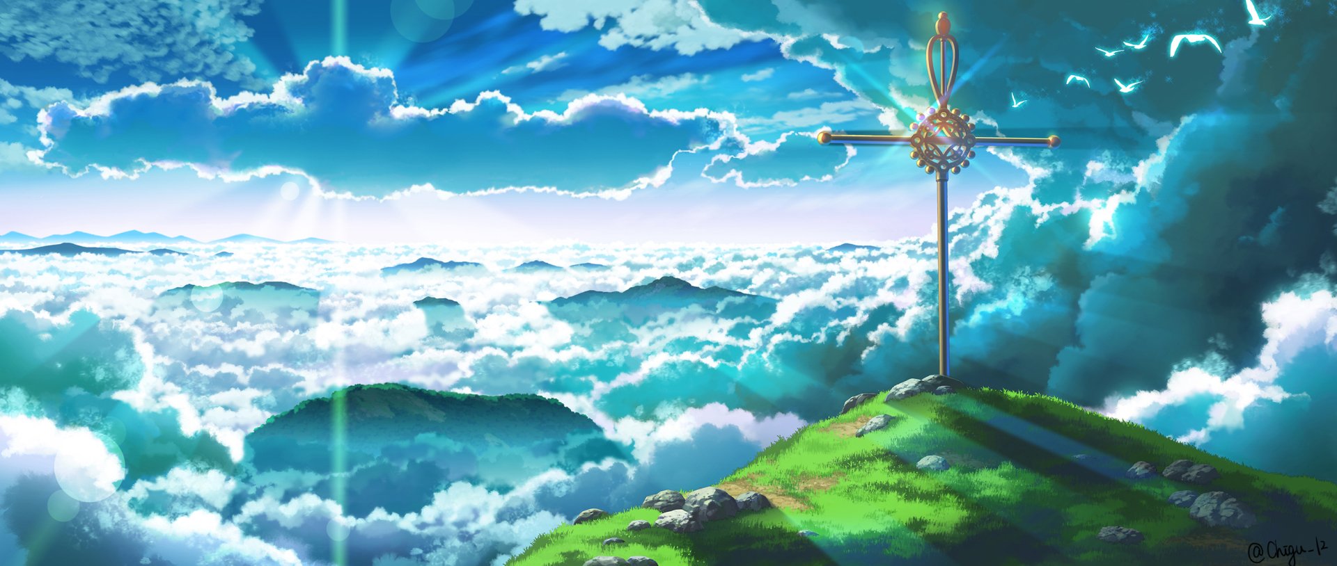 An HD anime wallpaper featuring a cross on a grassy hill under a bright sunlit sky with clouds and rays of sunlight breaking through.